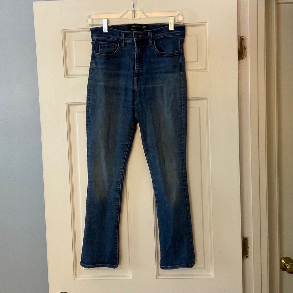 Veronica Beard Carly Kick Flare High Rise Jeans Bright Blue Medium Wash Denim 30